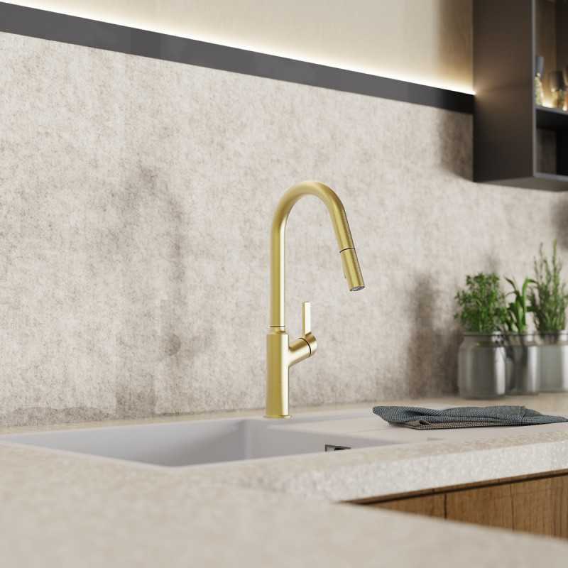 Okab, Kitchen faucet with curved spout and pull-down spray in brushed gold