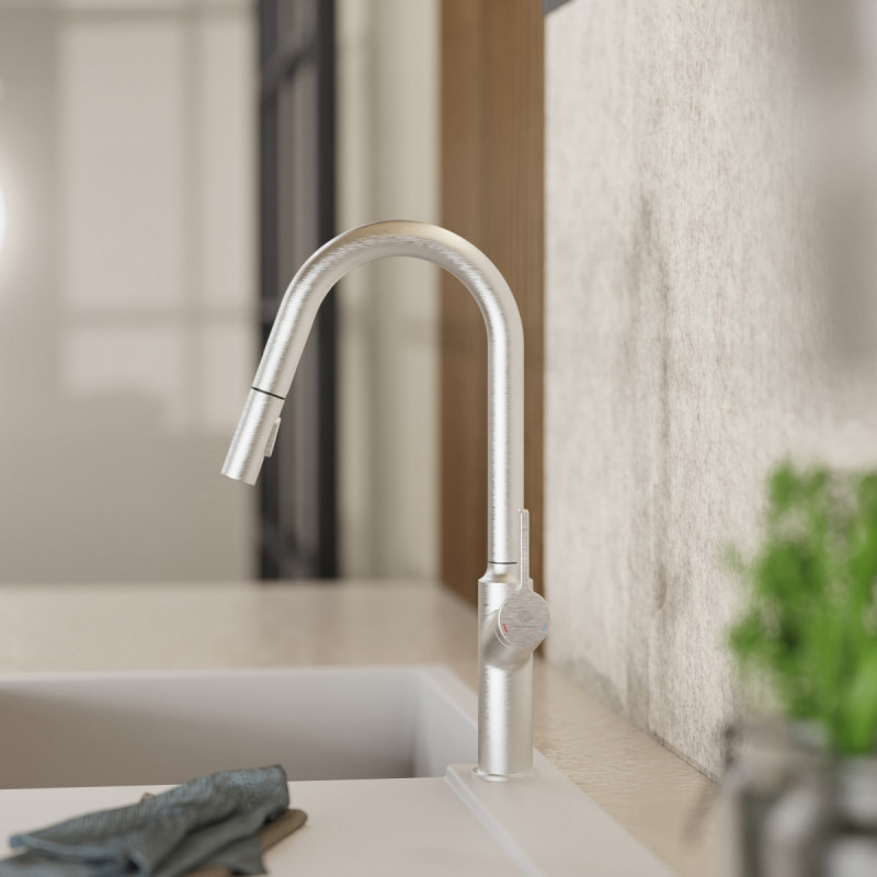 Okab, Kitchen faucet with curved spout and pull-down spray in brushed nickel