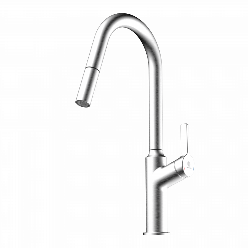 Okab, Kitchen faucet with curved spout and pull-down spray in brushed nickel