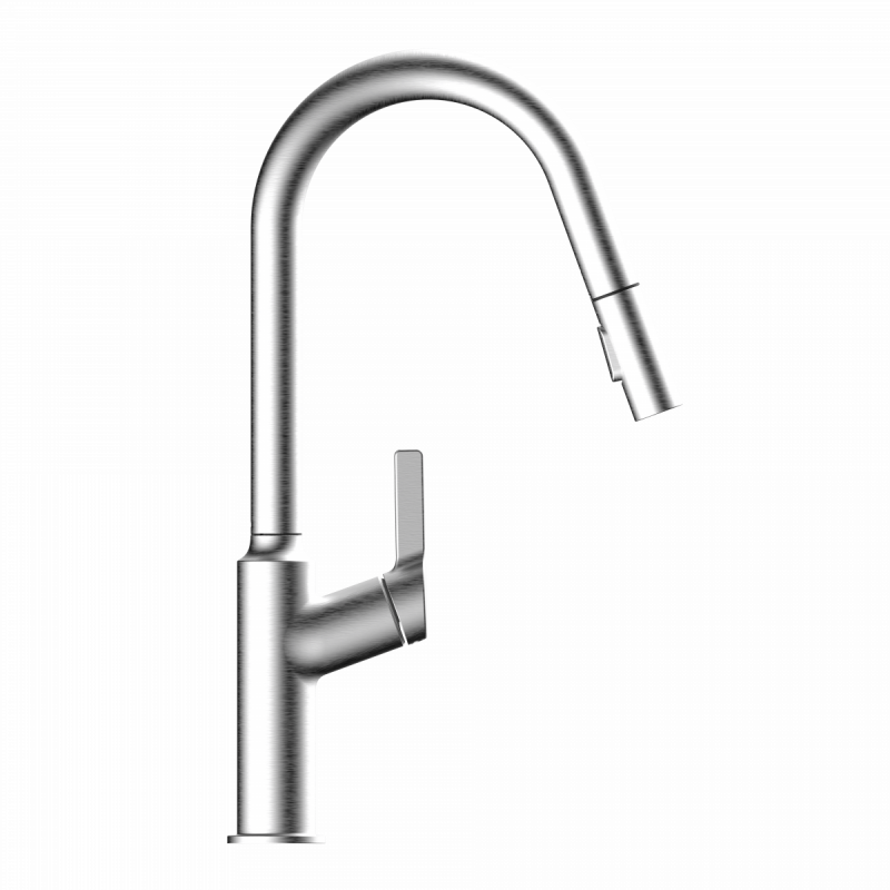 Okab, Kitchen faucet with curved spout and pull-down spray in brushed nickel