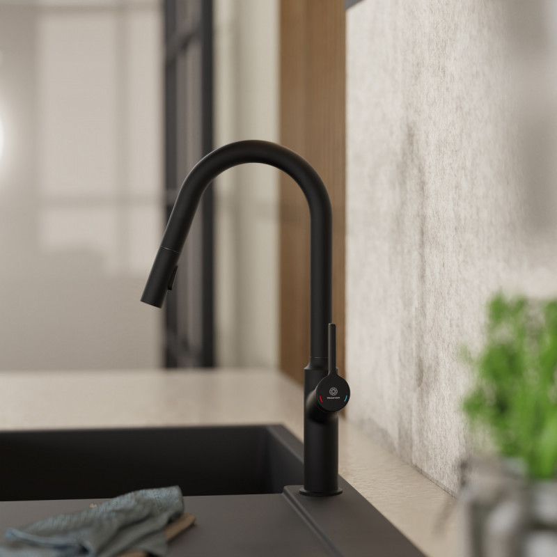 Okab, Kitchen faucet with curved spout and pull-down spray in matte black