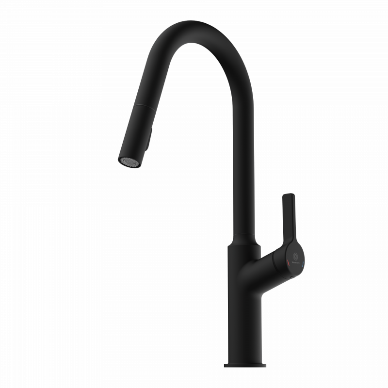 Okab, Kitchen faucet with curved spout and pull-down spray in matte black