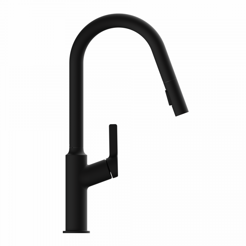 Okab, Kitchen faucet with curved spout and pull-down spray in matte black