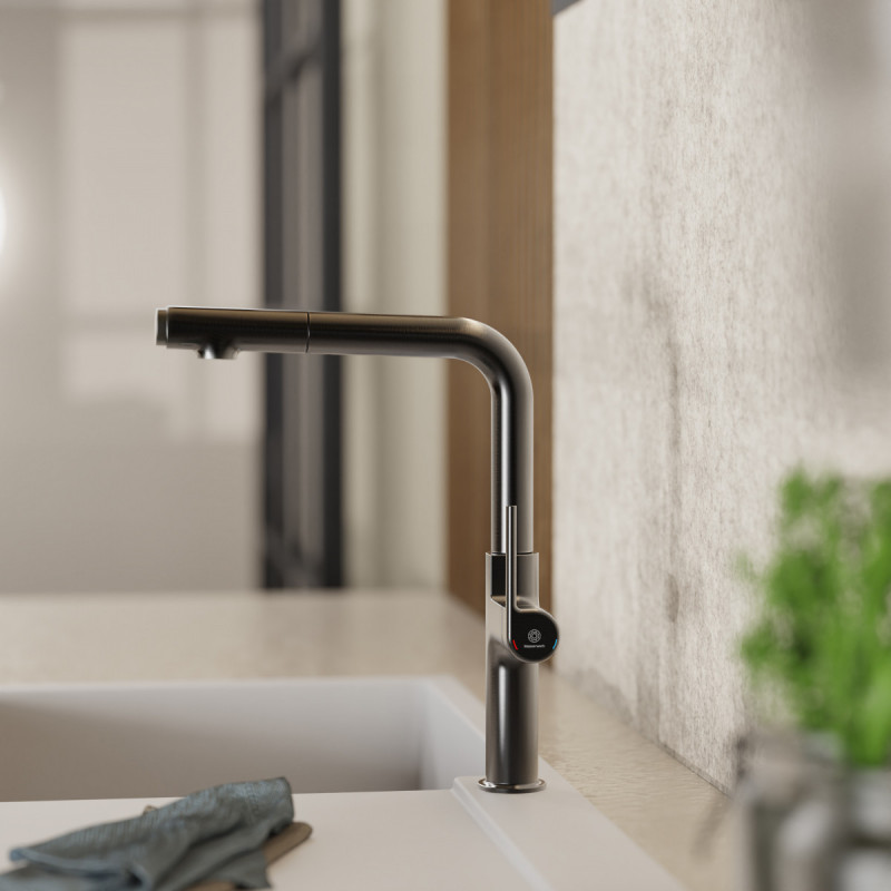 Polis, Kitchen faucet with straight spout and pull-out spray in matte graphite