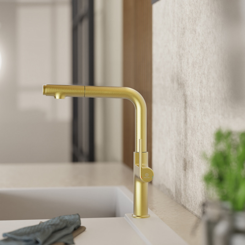 Polis, Kitchen faucet with straight spout and pull-out spray in burnished gold