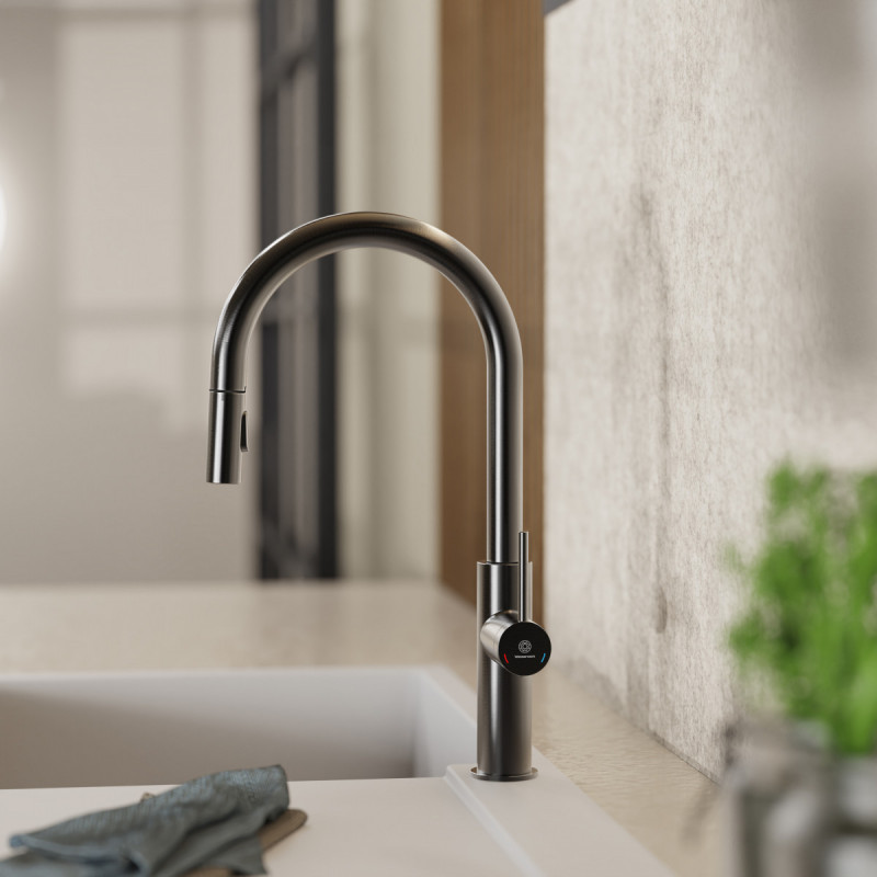 Rana Sphere, Kitchen faucet with curved spout and pull-down spray in matte graphite