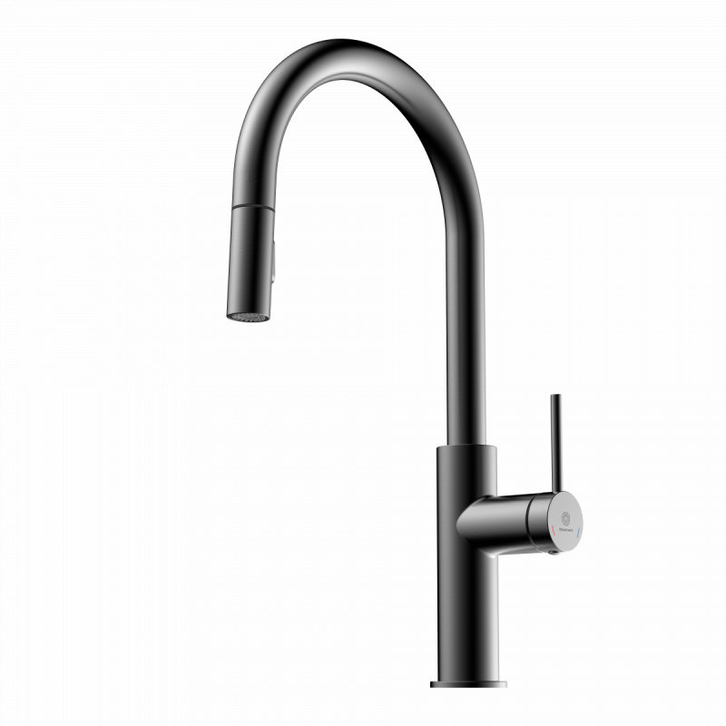 Rana Sphere, Kitchen faucet with curved spout and pull-down spray in matte graphite