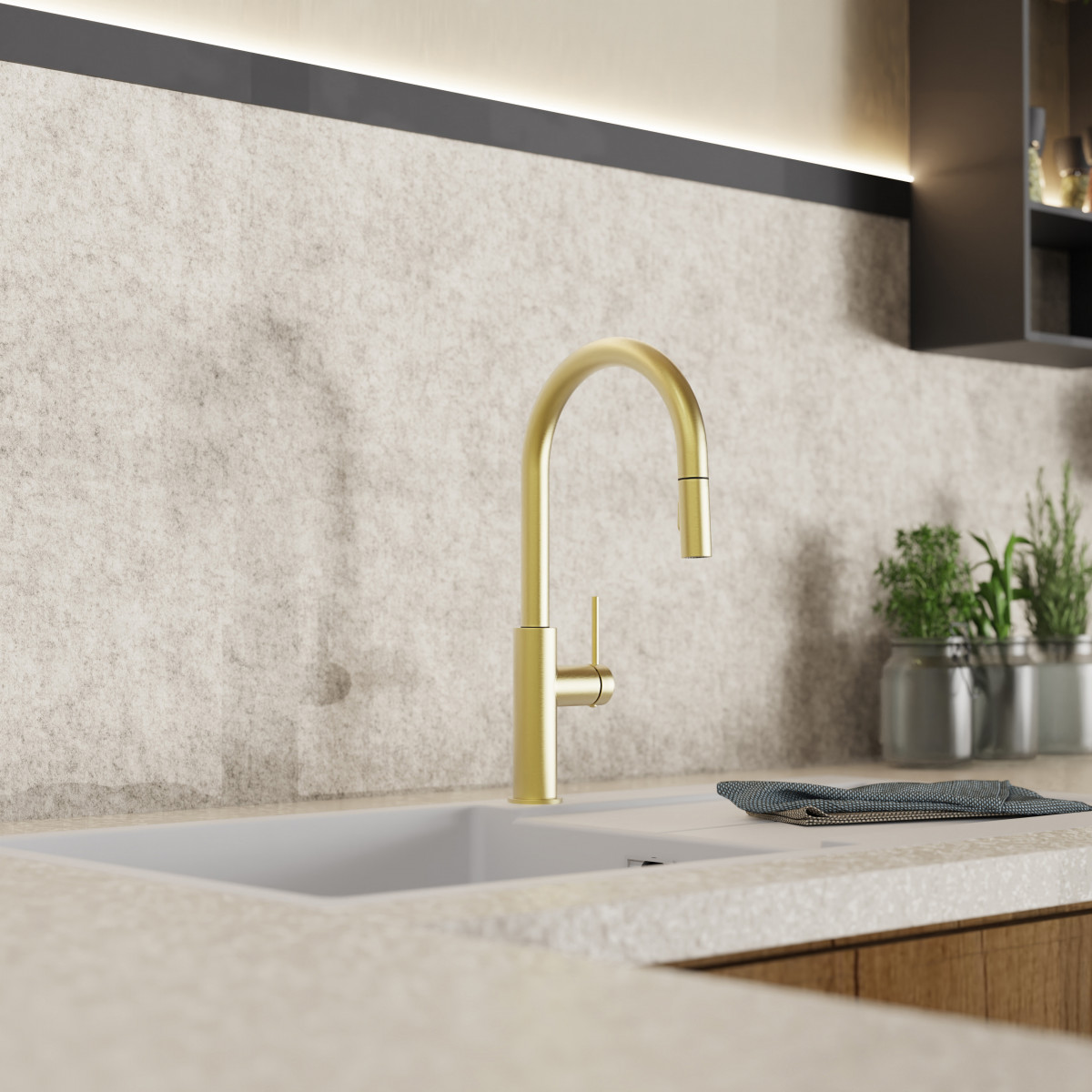 Rana Sphere, Kitchen faucet with curved spout and pull-down spray in brushed gold