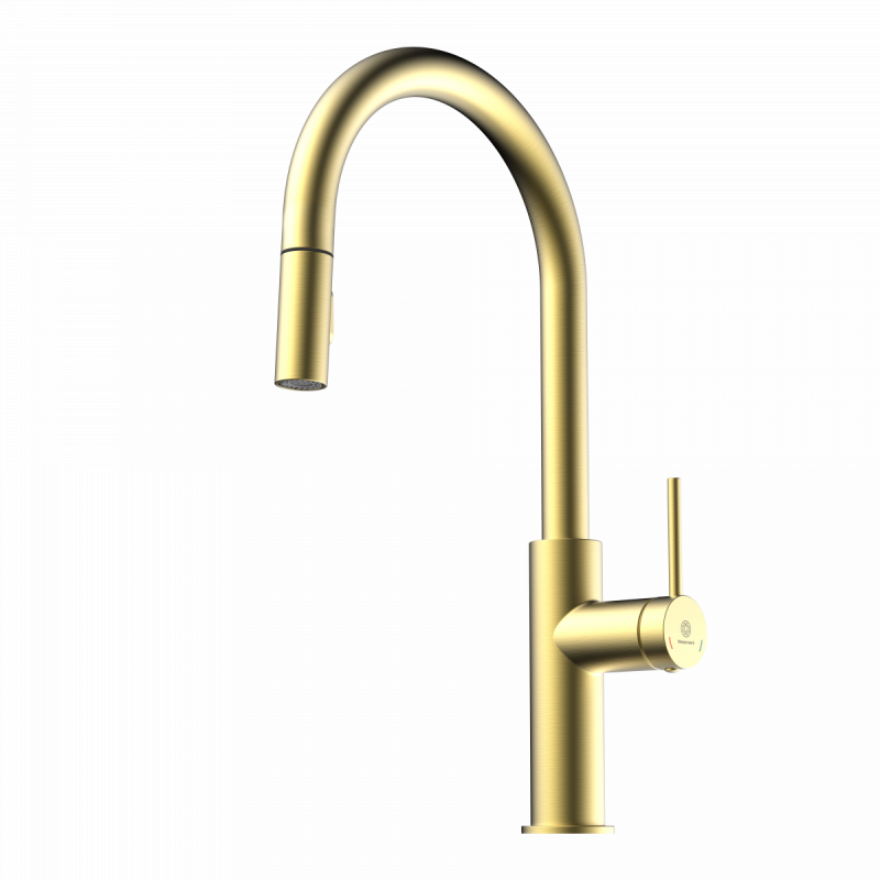 Rana Sphere, Kitchen faucet with curved spout and pull-down spray in brushed gold