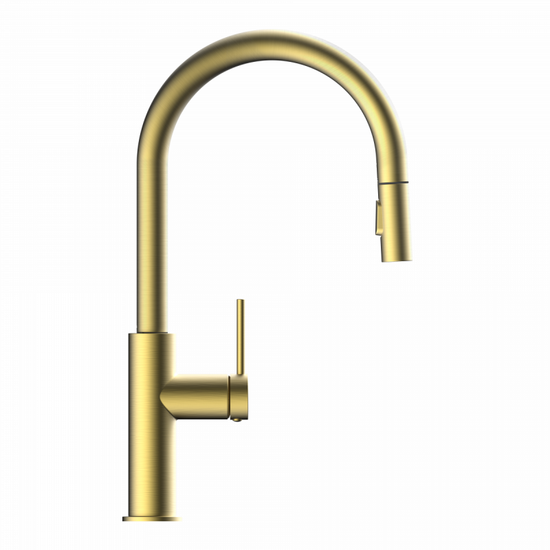 Rana Sphere, Kitchen faucet with curved spout and pull-down spray in brushed gold