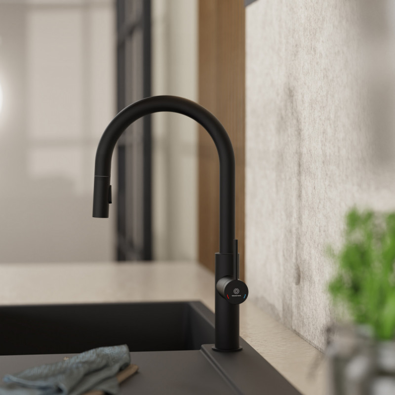 Rana Sphere, Kitchen faucet with curved spout and pull-down spray in matte black