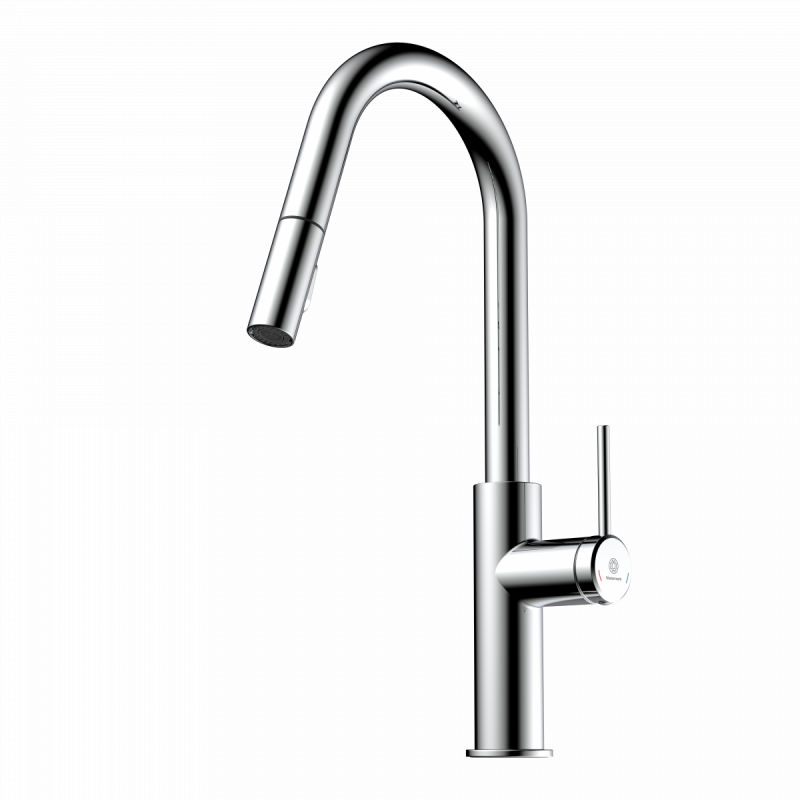 Rana Curve, Kitchen faucet with curved spout and pull-down spray in chrome