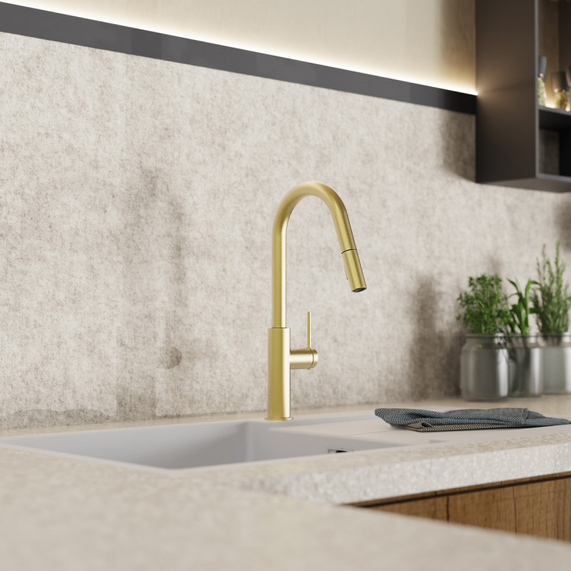 Rana Curve, Kitchen faucet with curved spout and pull-down spray in brushed gold