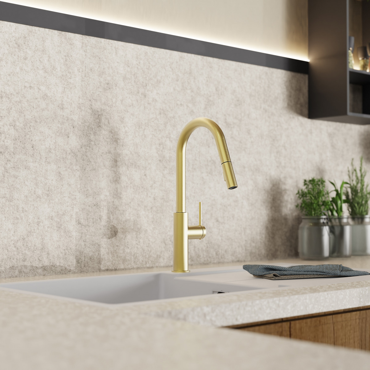 Rana Curve, Kitchen faucet with curved spout and pull-down spray in brushed gold