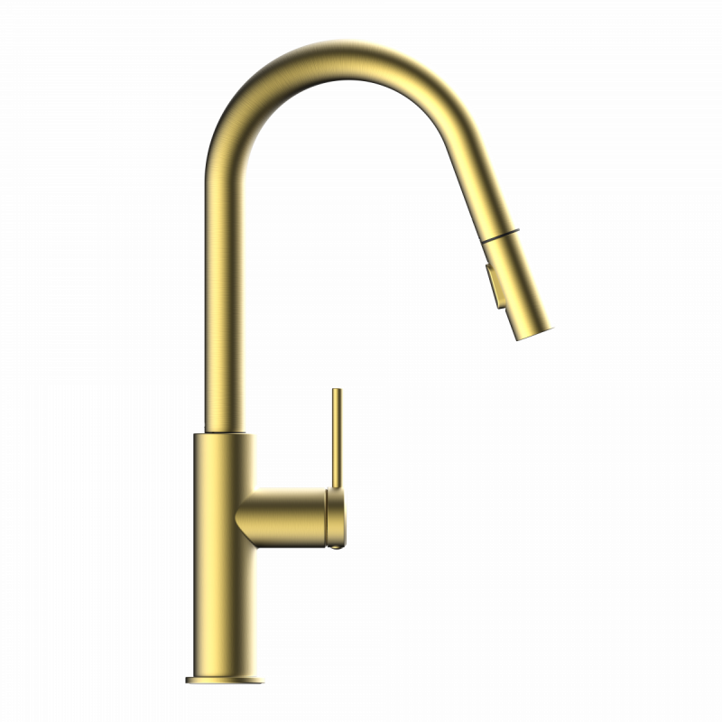 Rana Curve, Kitchen faucet with curved spout and pull-down spray in brushed gold