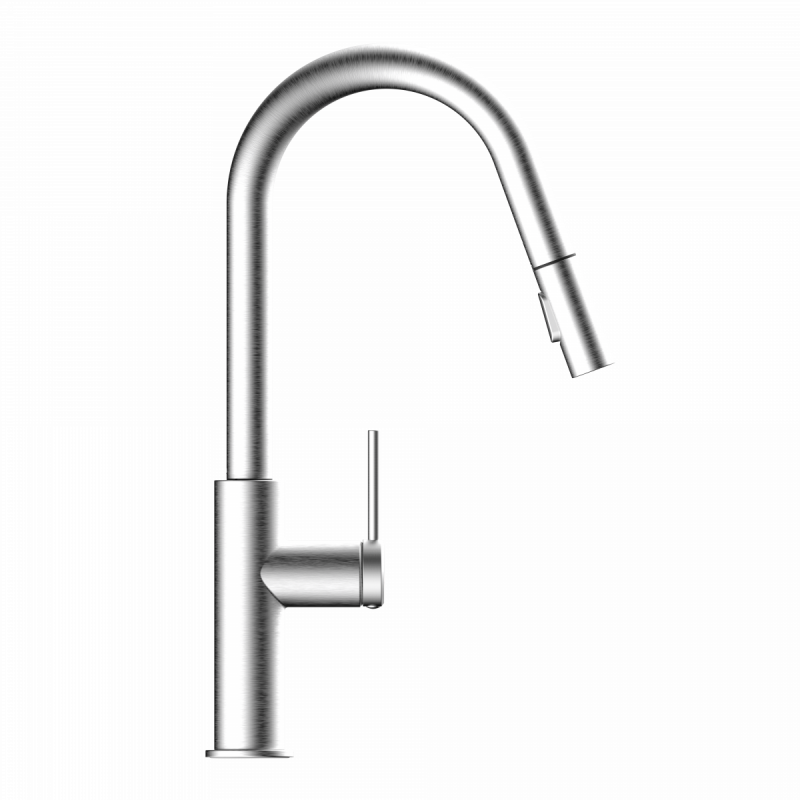 Rana Curve, Kitchen faucet with curved spout and pull-down spray in brushed nickel