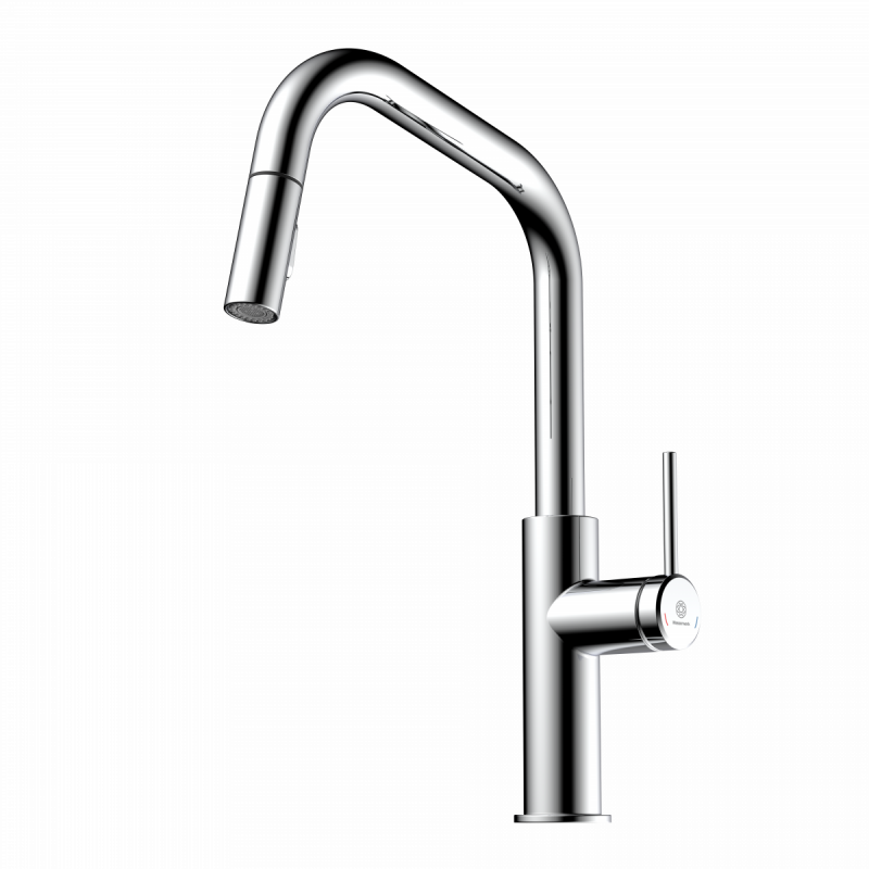 Rana Edge, Kitchen faucet with edged spout and pull-down spray in chrome