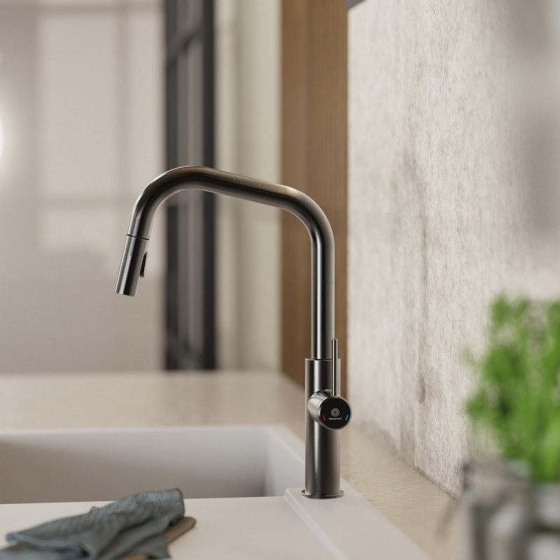 Rana Edge, Kitchen faucet with edged spout and pull-down spray in matte graphite