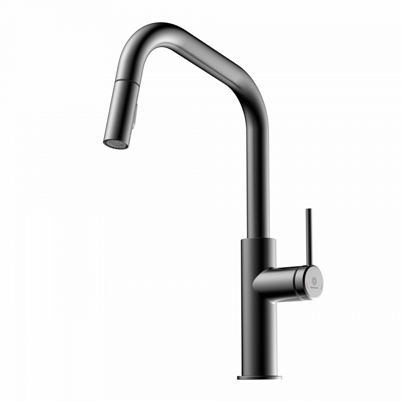 Rana Edge, Kitchen faucet with edged spout and pull-down spray in matte graphite