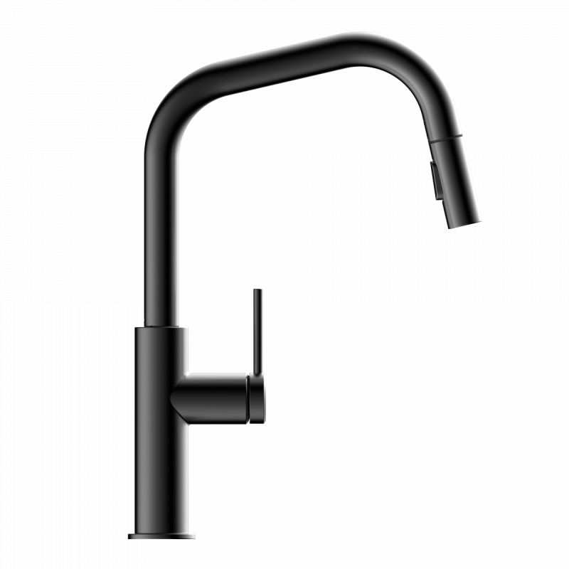 Rana Edge, Kitchen faucet with edged spout and pull-down spray in matte graphite