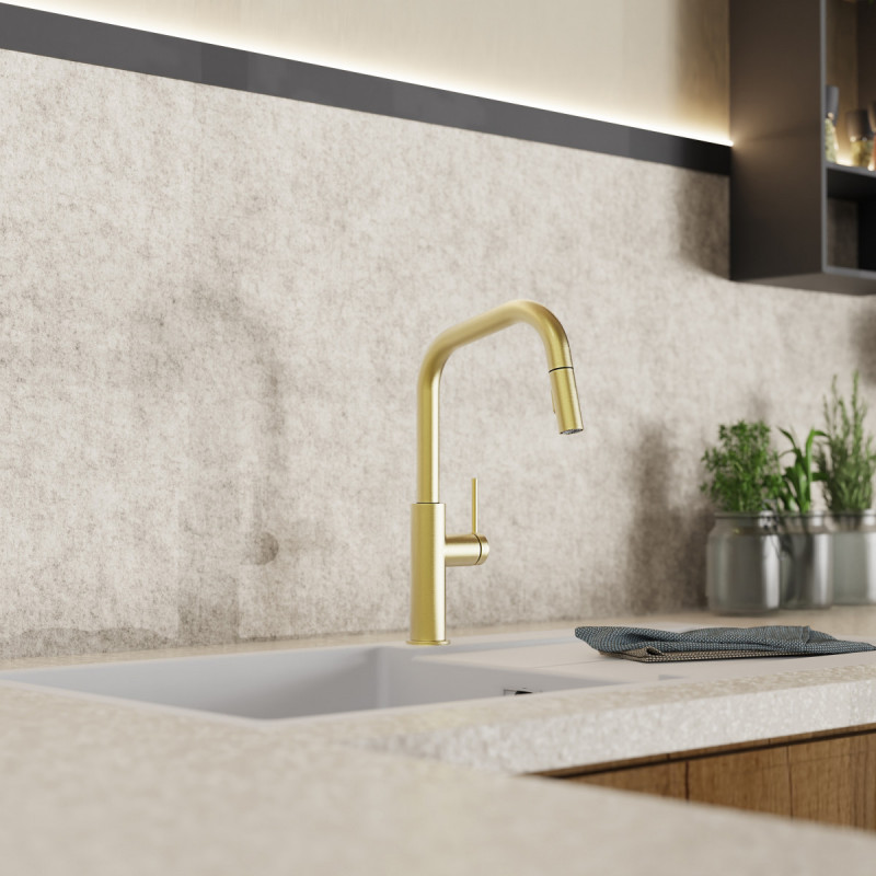 Rana Edge, Kitchen faucet with edged spout and pull-down spray in brushed gold