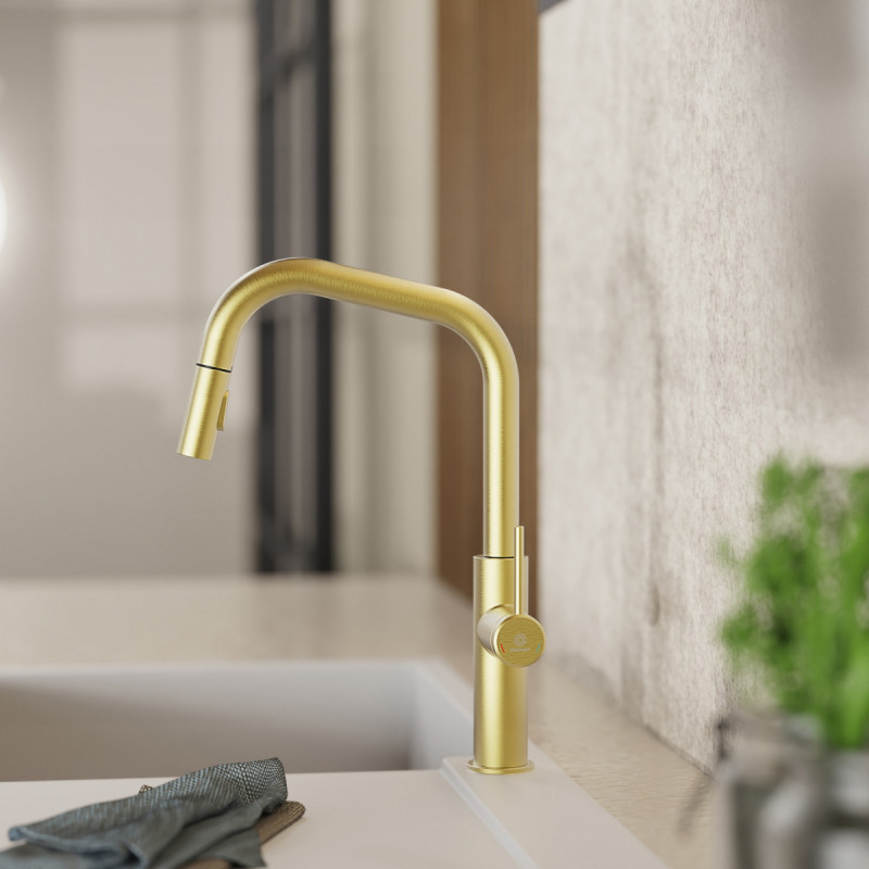 Rana Edge, Kitchen faucet with edged spout and pull-down spray in brushed gold