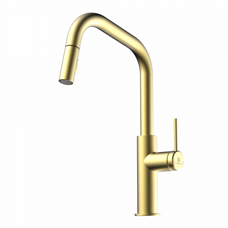 Rana Edge, Kitchen faucet with edged spout and pull-down spray in brushed gold