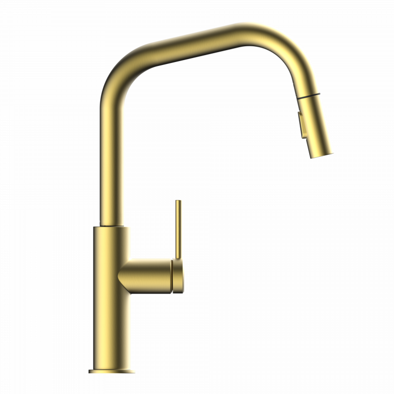 Rana Edge, Kitchen faucet with edged spout and pull-down spray in brushed gold