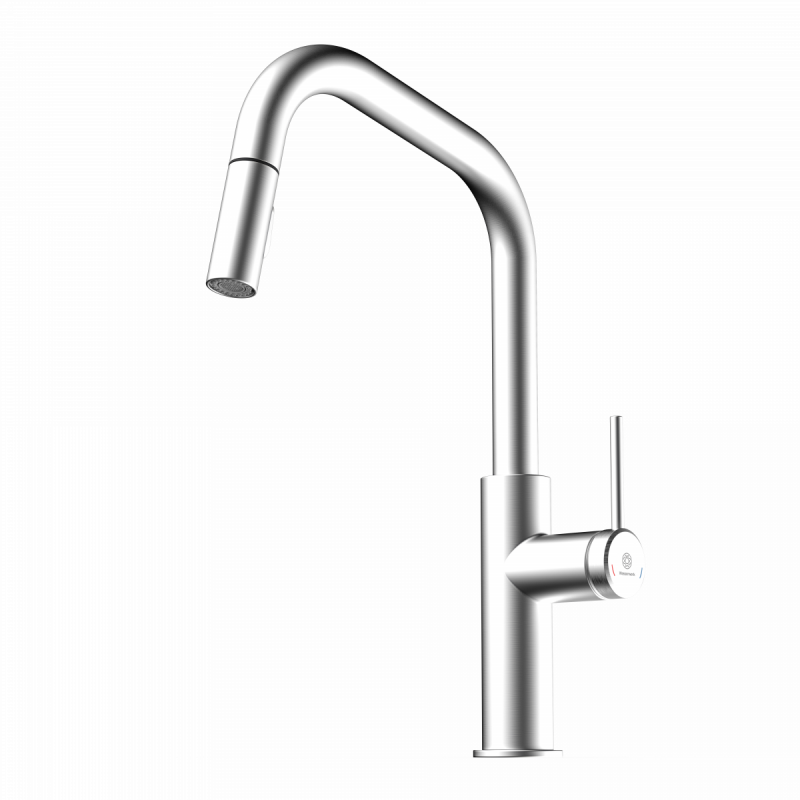 Rana Edge, Kitchen faucet with edged spout and pull-down spray in brushed nickel