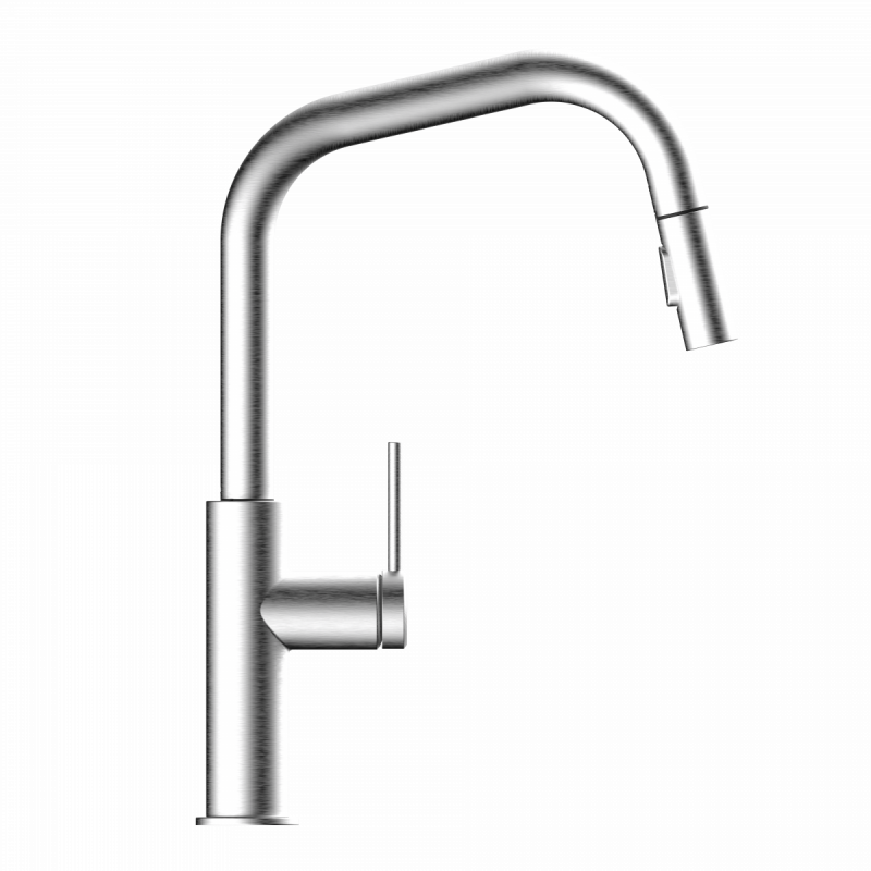 Rana Edge, Kitchen faucet with edged spout and pull-down spray in brushed nickel