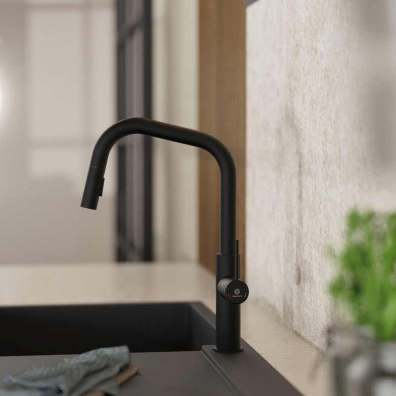 Rana Edge, Kitchen faucet with edged spout and pull-down spray in matte black