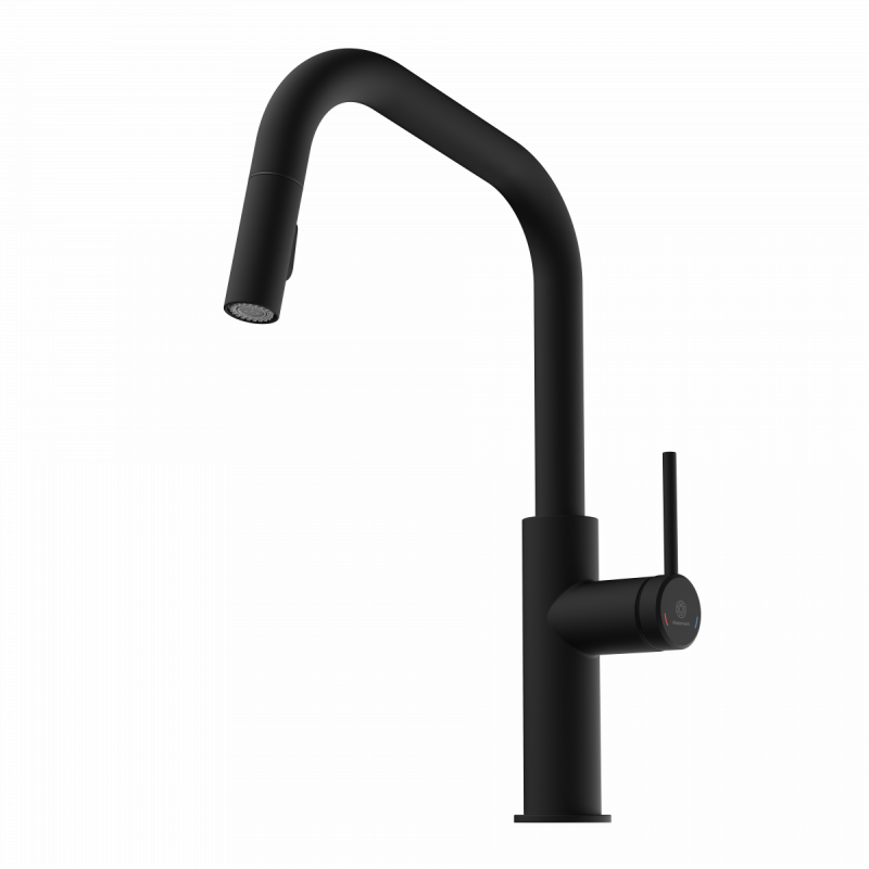 Rana Edge, Kitchen faucet with edged spout and pull-down spray in matte black