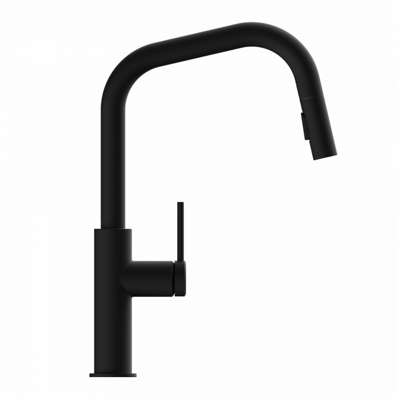 Rana Edge, Kitchen faucet with edged spout and pull-down spray in matte black