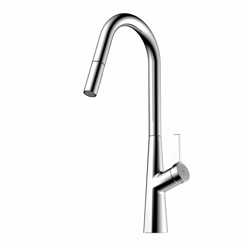 Keid Curve, Kitchen faucet with curved spout and pull-down spray in chrome