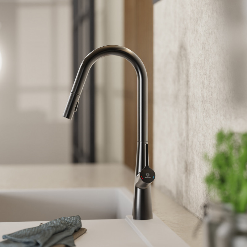 Keid Curve, Kitchen faucet with curved spout and pull-down spray in matte graphite