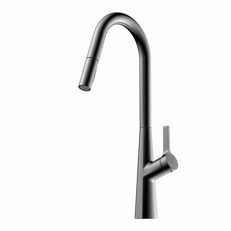 Keid Curve, Kitchen faucet with curved spout and pull-down spray in matte graphite