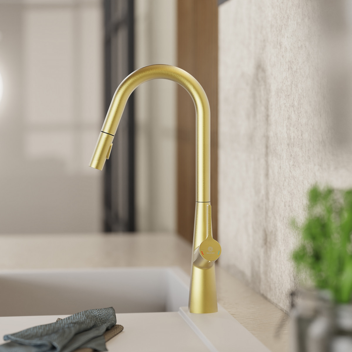 Keid Curve, Kitchen faucet with curved spout and pull-down spray in brushed gold