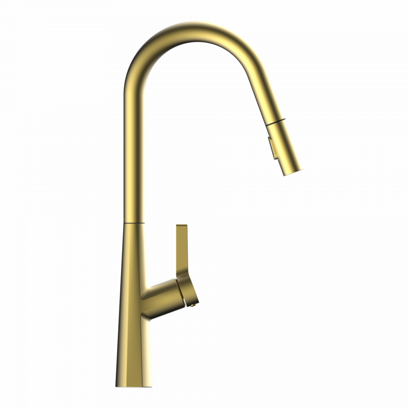 Keid Curve, Kitchen faucet with curved spout and pull-down spray in brushed gold