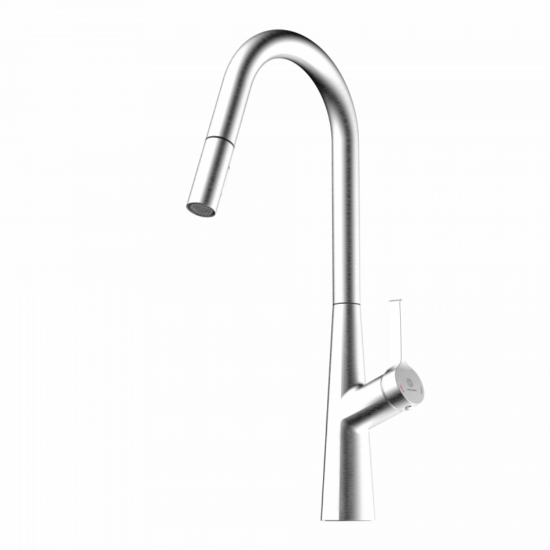 Keid Curve, Kitchen faucet with curved spout and pull-down spray in brushed nickel