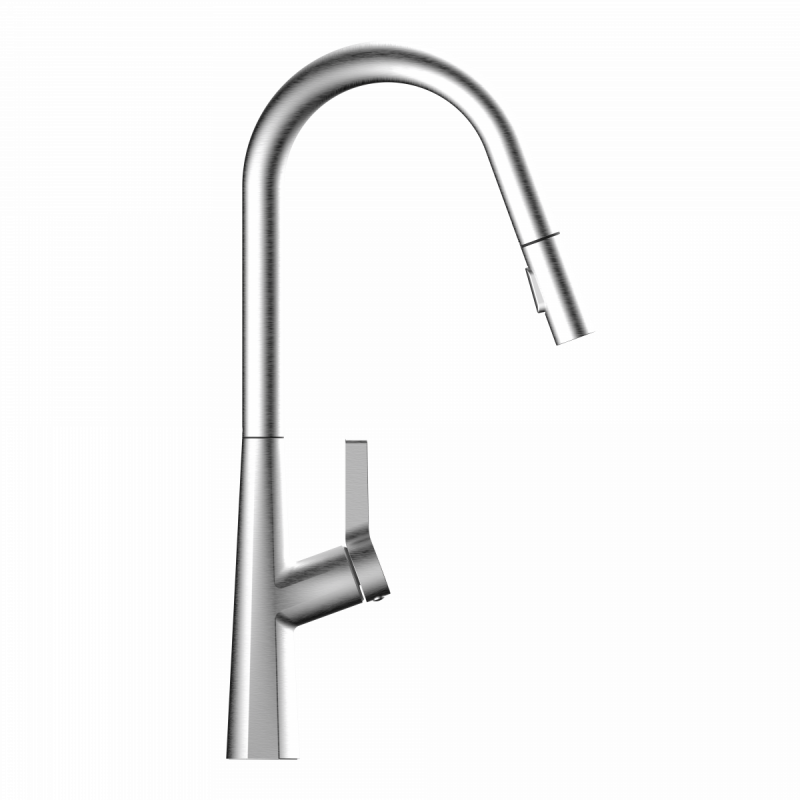 Keid Curve, Kitchen faucet with curved spout and pull-down spray in brushed nickel