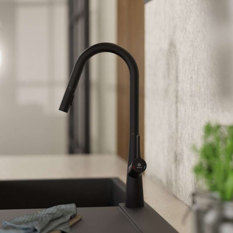 Keid Curve, Kitchen faucet with curved spout and pull-down spray in matte black