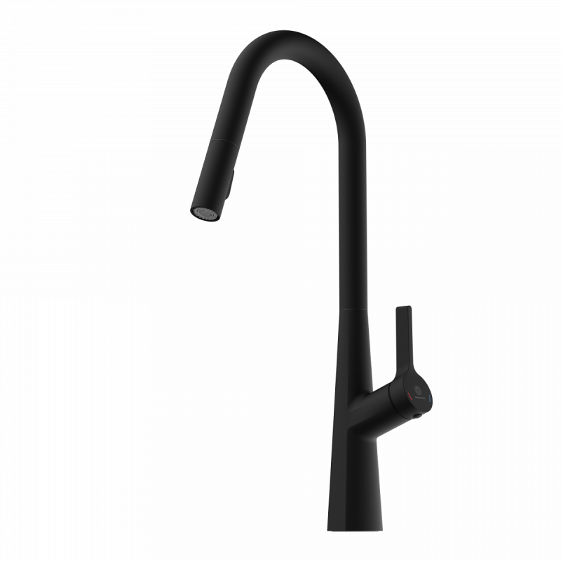 Keid Curve, Kitchen faucet with curved spout and pull-down spray in matte black