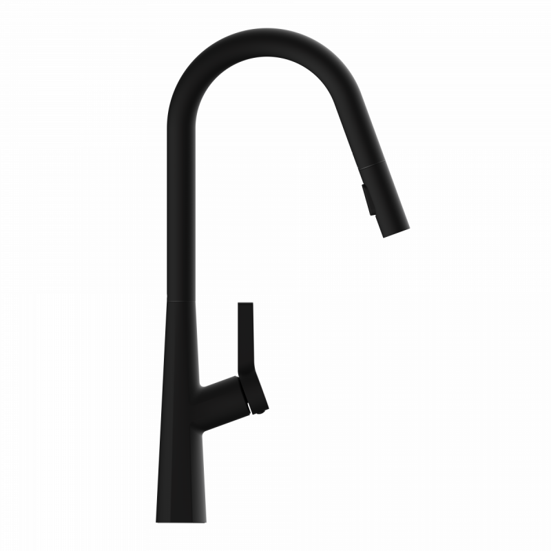 Keid Curve, Kitchen faucet with curved spout and pull-down spray in matte black