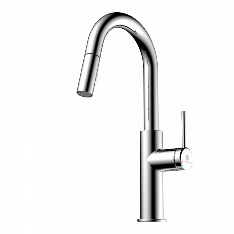 Rana Prep, Kitchen faucet with low curved spout and pull-down spray in chrome