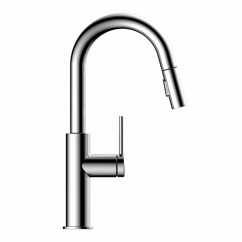 Rana Prep, Kitchen faucet with low curved spout and pull-down spray in chrome