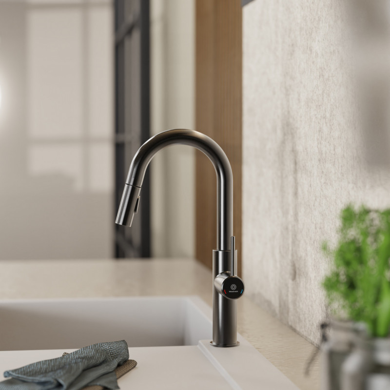 Rana Prep, Kitchen faucet with low curved spout and pull-down spray in matte graphite