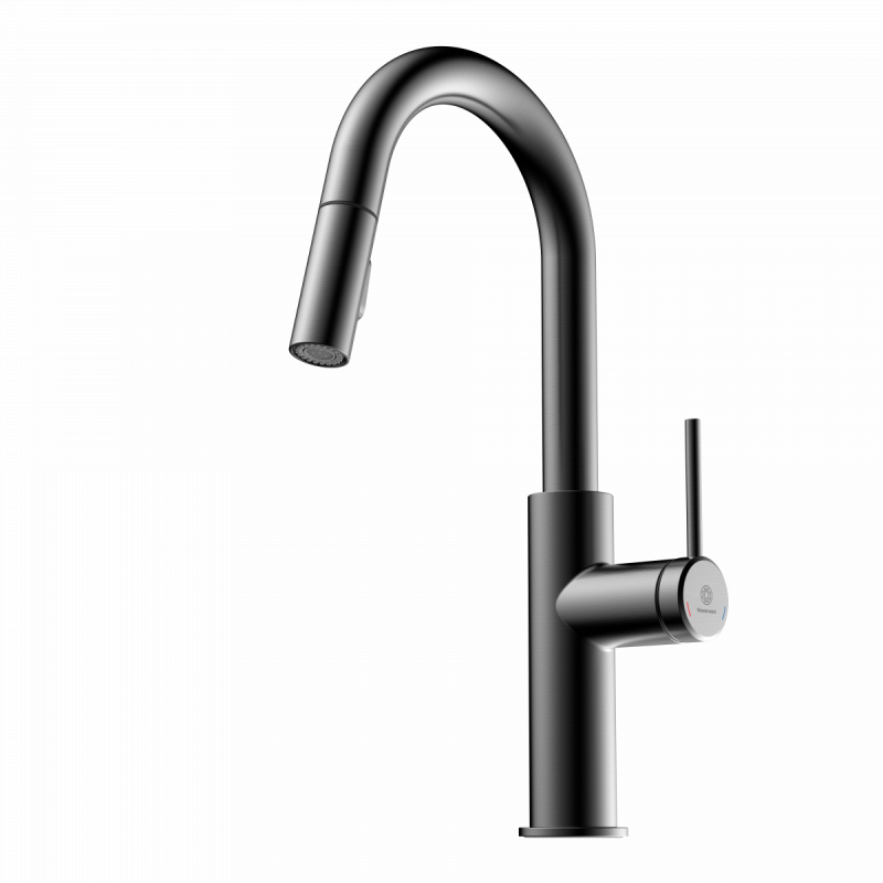 Rana Prep, Kitchen faucet with low curved spout and pull-down spray in matte graphite