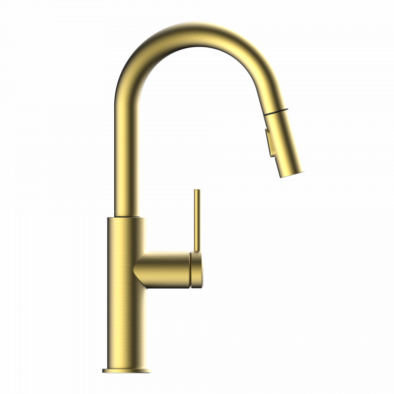 Rana Prep, Kitchen faucet with low curved spout and pull-down spray in brushed gold