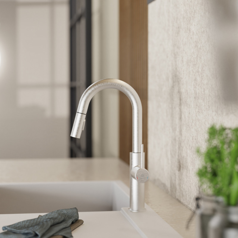 Rana Prep, Kitchen faucet with low curved spout and pull-down spray in brushed nickel