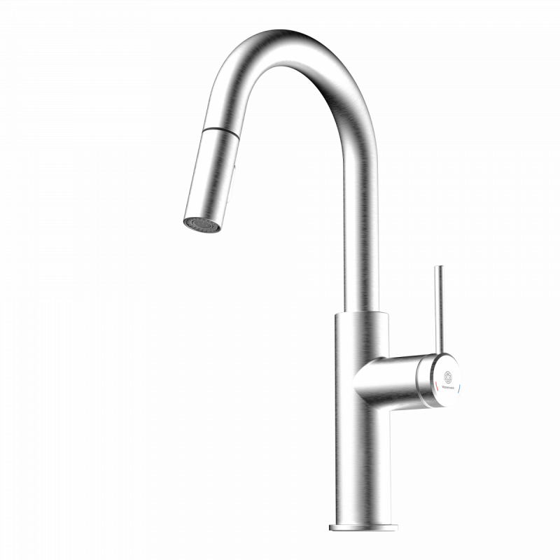 Rana Prep, Kitchen faucet with low curved spout and pull-down spray in brushed nickel